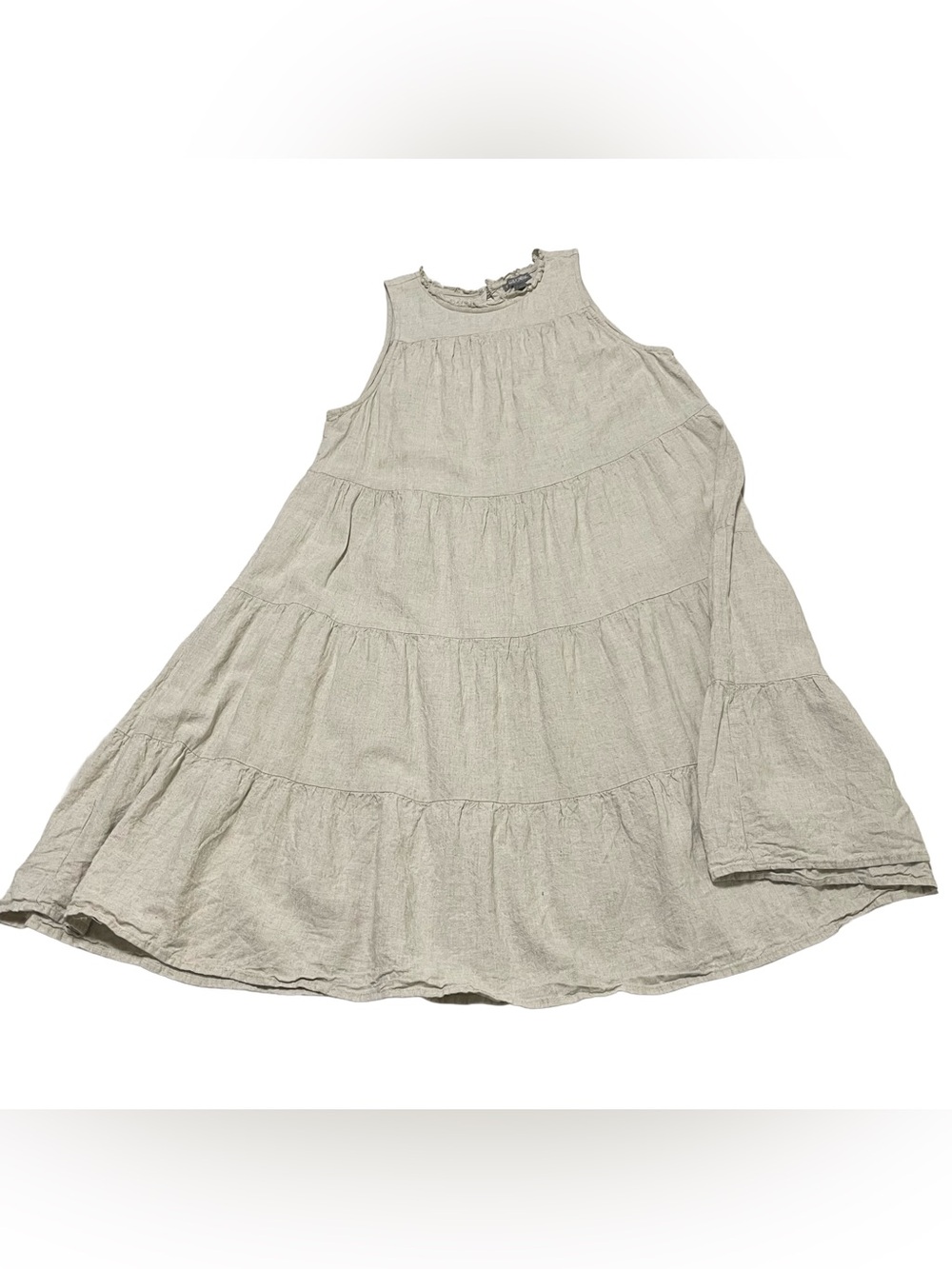 Linen Blend Neutral Tiered Sleeveless Dress in Light Beige
